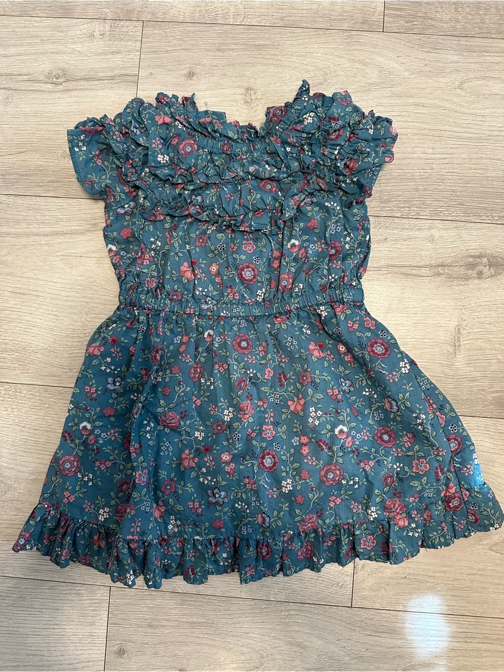 Janie and Jack Teal Floral Ruffle Dress with Pink Blooms